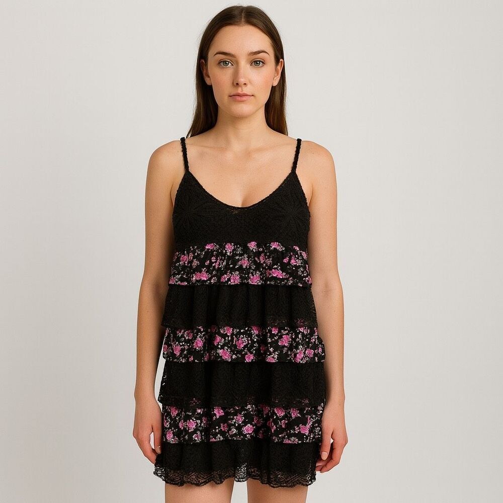 Interi Black spaghetti strap Sleeveless Lace Floral Mini layered fringe Dress L - Picture 2 of 11